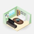 Concept room isometrics 3d composition with a sofa and a large wide screen TV. Royalty Free Stock Photo