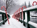 A Row Of Candy Canes On A Bridge. Generative AI Royalty Free Stock Photo