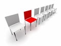 Concept row of chairs. One individual and unique red chair near whites Royalty Free Stock Photo