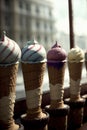 A Row Of Ice Cream Cones Sitting On Top Of A Window Sill. Generative AI Royalty Free Stock Photo