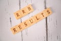Concept of RRB exam conducted in India for recruitment, RRB Exam results on Wooden block letters Royalty Free Stock Photo