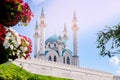 Concept Russia summer Travel. Kul Sharif Mosque islam with sun lught and Kremlin Kazan Republic of Tatarstan Royalty Free Stock Photo