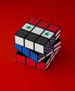 Concept of Russia, Syria, USA conflict problem solved rubik. 3D illustration