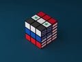 Concept of Russia, Syria, USA conflict problem solved rubik. 3D illustration