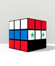 Concept of Russia, Syria, USA conflict problem solved rubik. 3D illustration