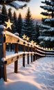 A Rustic Wooden Fence Adorned With A Glowing Star, Snow-Covered Pine Branches, And Twinkling Lights, Captured Durin. Generative AI