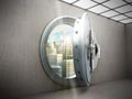 Concept of safe city Big safe door with city ingots High resolution 3D image