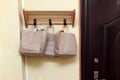 The concept of safe delivery in close-up. paper bags with food on handle of door