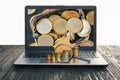 Concept of the sale and rental of housing, mortgage, loan. Lap top with blank screen and heap of euro coins, mock-up of a house Royalty Free Stock Photo