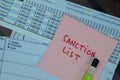 Concept of Sanction List write on sticky notes isolated on Wooden Table