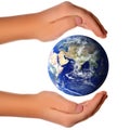 Concept Save the world - hand around earth Royalty Free Stock Photo