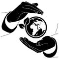 Concept of saving the earth, nature, ecology or hands holding the world with a sprout icon flat logo in black color on isolated Royalty Free Stock Photo