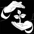 Concept of saving the earth, nature, ecology or two hands holding the world with a sprout icon flat logo in white color on Royalty Free Stock Photo