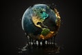 Concept of saving planet, miniature globe floats in oil, black background. AI generated