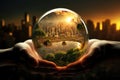 Concept of saving the world. Ecological picture. A round glass ball inside of which there is a city in the hands on a Royalty Free Stock Photo