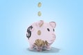 Concept of savings dollar coins fall in money pig 3d render on blue no shadow Royalty Free Stock Photo