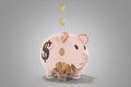 Concept of savings dollar coins fall in money pig 3d render on grey Royalty Free Stock Photo