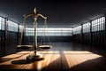 Scales Of Justice In The Dark Court Hall. Law Concept Of Judiciary, Jurisprudence And Justice. Copy Space. Based On. Generative AI Royalty Free Stock Photo