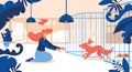 Concept scene with woman and her adopted dog running out of cage. Ginger hair, interior scene decorated with leaves. Flat happy