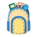 Concept school backpack, study item and stuff magnifying glass, ruler, textbook and pencil isolated on white, cartoon vector