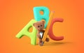 Concept of school. cute teddy bear with pencil and book and ABC 3d-illustration Royalty Free Stock Photo