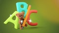 Concept of school. cute teddy bear with pencil and book and ABC 3d-illustration Royalty Free Stock Photo