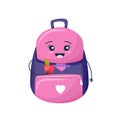 Funny cute backpack, with an apple in his hands, smiling.