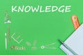 Text knowledge, school supplies wooden miniatures, notebook with ruler, pen on green backboard