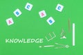Text knowlwdge, from above wooden minitures school supplies and abc letters on green background