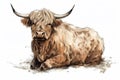 Scottish cow, beige shaggy bull, illustration isolated on white background. Generative AI