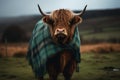 Scottish highland cow wearing green tartan shawl. Generative AI