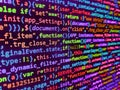 Concept screen of experienced web developer. HTML5 concept macro backdrop in warm colors. Computer script coding source code on