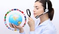 Concept search, customer service operator woman with headset, gl Royalty Free Stock Photo