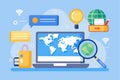 Concept of search engine depicted through a laptop computer showing a world map with various digital elements representing Royalty Free Stock Photo