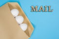 The concept of secure courier service, reliable postal company. Abstract image of eggs in an envelope and the word mail, post.