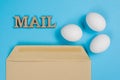 The concept of secure courier service, reliable postal company. Abstract image of eggs in an envelope and the word mail, post.