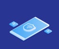 Concept secure network wireless. IOT online synchronization and connection via smartphone wireless technology.