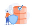 Concept of secured database, Man holding shield and server or hard disks