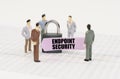 There are figures of people on business reports, a padlock with a sticker on which it is written - Endpoint security