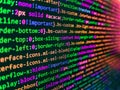 Concept of security, programming and hacking, deep decryption and encryption. Screenshot with random parts of program code. Royalty Free Stock Photo