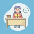 Concept Of Self Education And Reading Books. Young Woman Is Reading Book Sitting At The Table At Home Or In Office Royalty Free Stock Photo