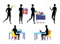 Concept Of Self Employed Business People Silhouettes. Characters Do Shopping, Give Presents, Work And Having Fun