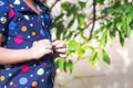 Concept of self practice daily routine of young children. Hand girl is trying to button up the clothes she wear. Development skill Royalty Free Stock Photo