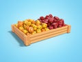 Concept sell set of yellow and red sweet peppers in wooden box rear render on blue background with shadow