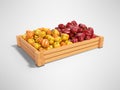 Concept sell set of yellow and red sweet peppers in wooden box rear render on gray background with shadow