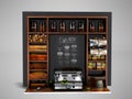 The concept of selling coffee and tea for visitors on 3d rendering shelf not against gray background with shadow