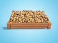 Concept selling ripe varietal potatoes in wooden box rear render on blue background with shadow
