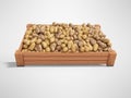 Concept selling ripe varietal potatoes in wooden box rear render on gray background with shadow