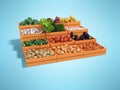 Concept selling set of vegetables in wooden boxes rear render on blue background with shadow