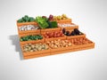 Concept selling set of vegetables in wooden boxes rear render on gray background with shadow